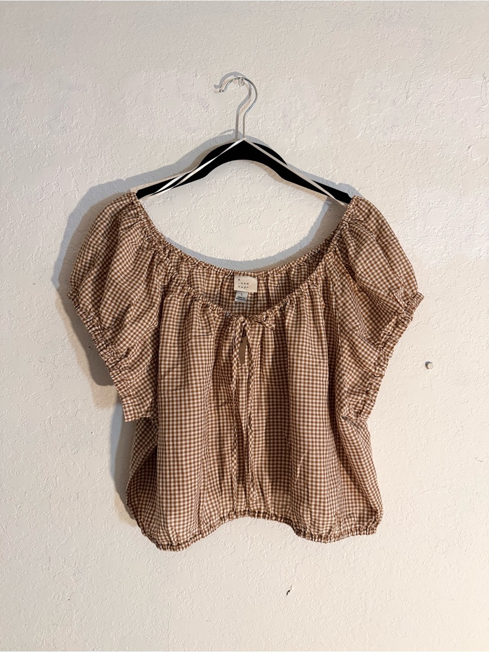 NWT | A New Day - Gingham Linen-Blend Peasant Top | Brown/White | L
